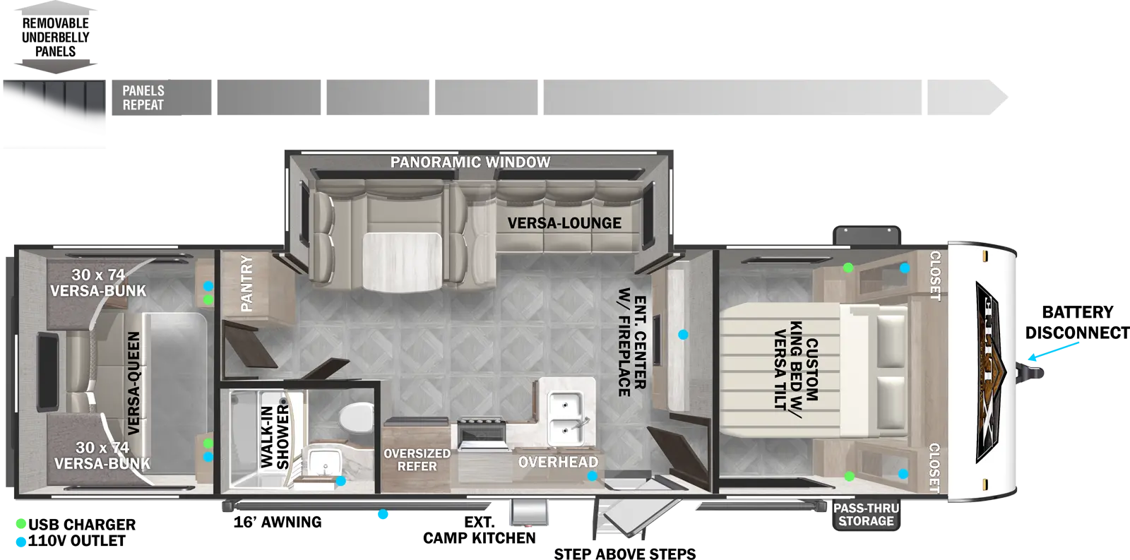 The 28VBXL has one slideout and one entry. Exterior features include a 16 foot awning, exterior camp kitchen, step above entry steps, front pass-thru storage, battery disconnect, and removable underbelly panels. Interior layout front to back: versa-tilt custom king bed with closets on each side; entertainment center with fireplace along inner wall; off-door side slideout with versa lounge/u-dinette and panoramic window; door side entry and kitchen with peninsula countertop with sink, overhead cabinet, and oversized refrigerator; door side full bathroom with walk-in shower; off-door side pantry along inner wall; rear bunk room with versa bunks on each side above a versa queen.